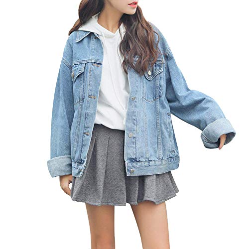 Women's Boyfriend Denim Jackets Loose Fit Long Sleeve Loose Oversized Jean Coats Light Blue S
