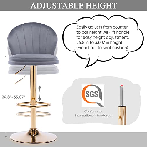 Kinffict Velvet Bar Stools Set Of 2, Upholstered Swivel Bar Stool, Height Adjuatble Barstools, Modern Dining Bar Chairs For Kitchen Island, Bar, Counter, Dining Room, Restaurant (Grey) #TOP3