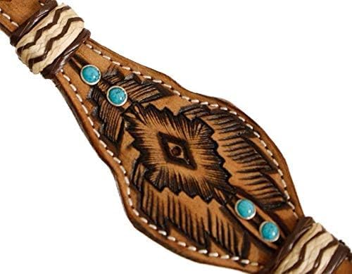 Showman Tribal Tooled Leather Headstall and Breast Collar Set w/Braided Rawhide & Turquoise Stone Accents! New Horse TACK!