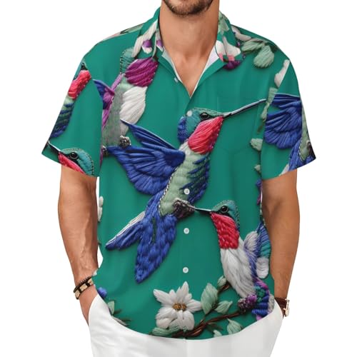 JBJGKHLP Camisas de manga corta con estampado de colibríes y flores bordadas para hombre, casual, verano, viajes, oficina, aventuras al aire libre, Negro, XL