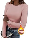 Zeagoo Womens Fleece Lined Long Sleeve Shirt for Layering Crewneck Slim Fit Shirts 2024 Casual Basic Tops Pink