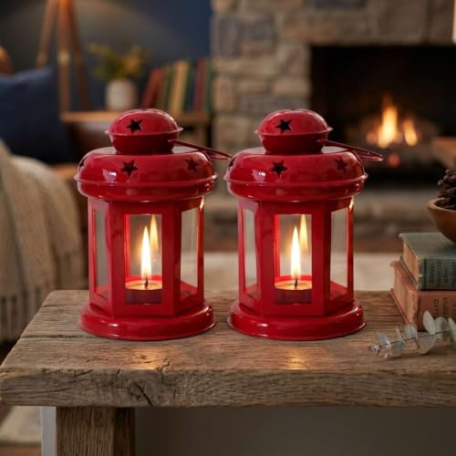 Image of Mini Metal Tea Light Lantern Set of 2 Red Candle Holder Home Decor | | Perfect for Living Room, Bedroom, Pooja Space, Festive Decor, Weddings, Housewarming & Gifting Ideal for Diwali, Wedding