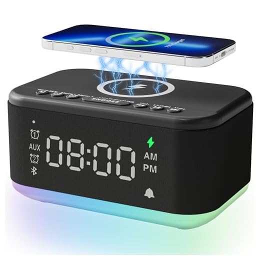 Alarm Clock Speaker Wireless Charger, Digital Alarm Clocks Bedrooms Bluetooth, Alarm Clock Dimmable Light Bedrooms Dual Alarm Snooze Dimmer 12 24H RGB Night Light Bluetooth USB AUX, Black