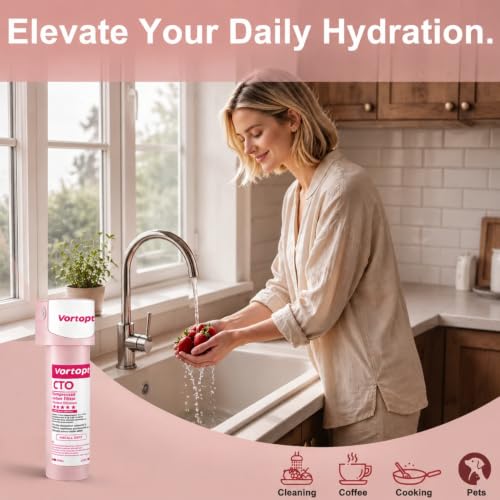 Image of Vortopt Q7 19000 Gallon Sink Water Filter, Reduces Chlorine, Lead, | Bad Taste & Odor, Under Counter Water Filter Connects Directly to Your Faucet, NSF /ANSI 372 & 42 Certified, 2Years, Pink.