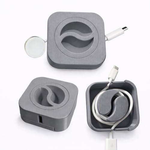 Image of Cable Winder Box Retractable Charging Cable Case USB Organizer Box | Portable Cable Winder Reel Spool Wrap Holder | Travel Desk Cord Management Storage Tangle Free (Grey)