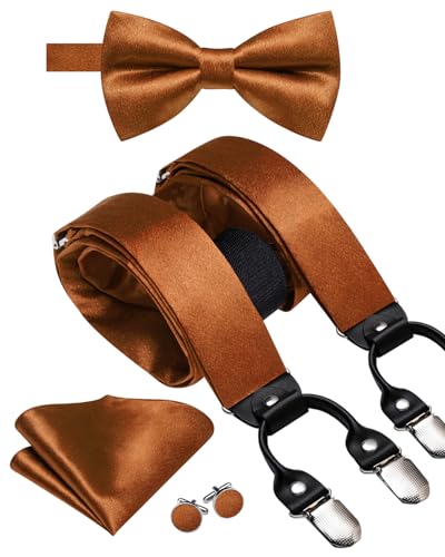 Image of Dubulle Suspender and Bow Tie for Men Paisley Solid Mens Suit Braces Pretied Bowtie and Handkerchief Cufflinks Formal Wedding