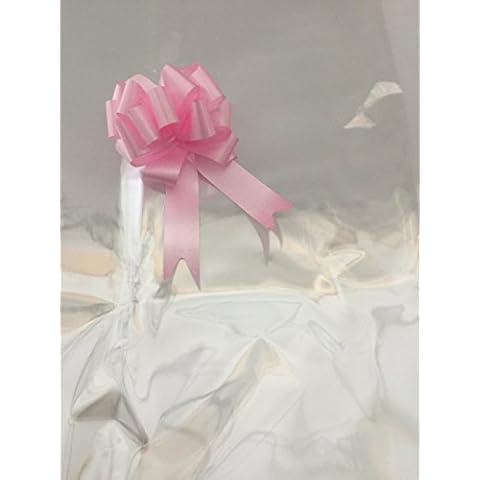 3m x 80cm Clear Cellophane Wrap & pink Pull bow cut off large roll and folded for postage. Cellophane wrap for hampers Cover