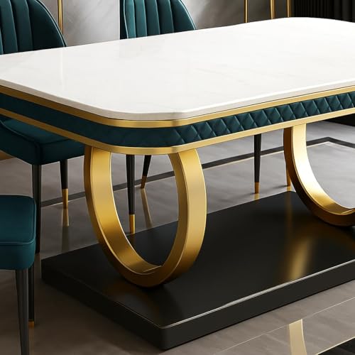 Image of 6-Seater Dining Table with Nano Composite Marble Top and PVC Golden Wooden Base |2yr Warranty - Includes 6 Fabric Upholstered Chairs (Sea Blue, White Nano Composite Marble Top)