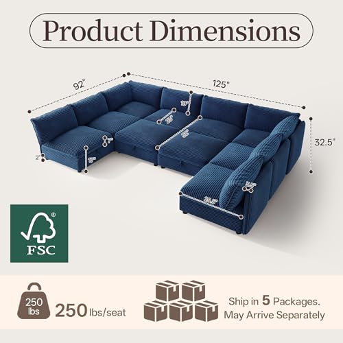 Image of Oversized Corduroy Modular Sectional Sofa Bed with Hidden Storage, Convertible L U Sleeper Couch, 10-Seat Modular Sofa Free Combination with Ottoman & Removable Covers for Living Room, Blue