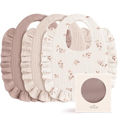 Image of Konssy 3-Pack Muslin Baby Girl Bibs, 100% Cotton with Ruffle Trim | Ultra Soft & Absorbent, Baby Essentials for Drooling and Teething, for Newborn, Infant & Toddler 0-36 Months