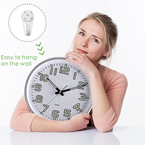 Image of Plumeet Night Light Wall Clocks, 13 Inches Clock with Silent Non-Ticking Glowing for Indoor Kitchen Bedroom, Large Number Battery Operated (Silver)
