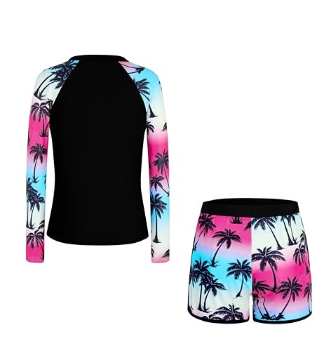 Image of Alakuoti Girls Rash Guard Swimsuit Two Piece Bathing Suit UPF 50+ Sun Protection Long Sleeve Swimwear 6-14 Years