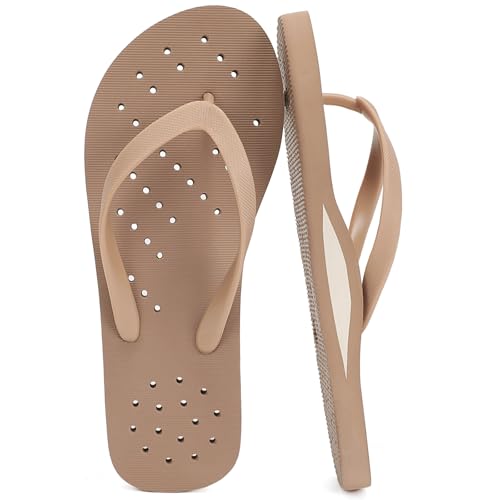 STQ Womens Shower Shoes Pool Beach Flip Flops for Women with Arch Support Quickly Dry Brown Size 8