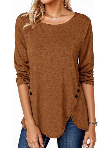 Fisoew Women's Long Sleeve Tunic Tops Casual Shirts Round Neck Sweatshirt Top for Women Button Side Blouses