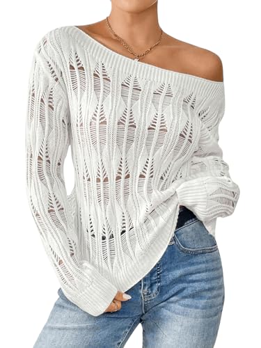 SweatyRocks Women's Off Shoulder Sweater Hollow Out Ribbed Knit Long Sleeve Pullover Tops