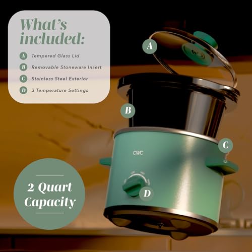 Image of COOK WITH COLOR 2QT Mini Electric Round Slow Cooker - Adjustable Settings, Removable Stoneware Pot, Tempered Glass Lid, Dishwasher Safe, Cool-Touch Side Handles, Dark Sage