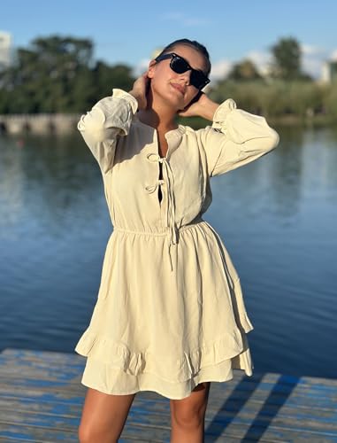 Image of Angashion Womens Tie Front Mini Dress V-Neck Ruffle Hem Summer Pockets