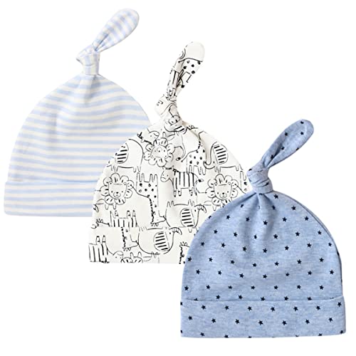 CuteOn 3 Paquete Bebé Beanie Nudo Sombrero Recién Nacido Chicos Chicas Algodón Ajustable Gorra para Bebé 2-8 Meses 100 Leones Azules Cover