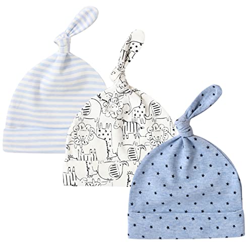 CuteOn 3 Pacchetti Bambino Beanie Nodo Cappello Neonato Ragazzi Ragazze Cotone Regolabile Berretto per Bambino 0-6 Mesi 100 Leoni Blu