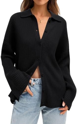 LILLUSORY Women's Cardigan 2023 Long Sleeve Button Down Sweater Shirts Lightweight Collared Loose Cozy Knit Tops