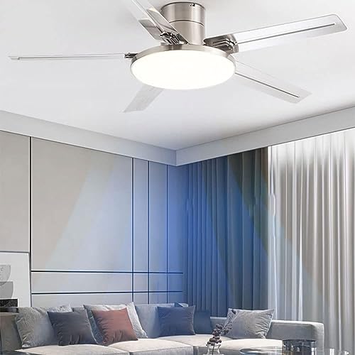 Ventilador de techo de acero inoxidable para exteriores con luces, 52 pulgadas, control remoto, perfil bajo, montaje empotrado, moderno, inteligente, con luz, silencioso, para dormitorio, color plate