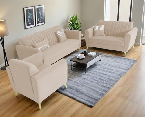 Image of Adorn India Premium Luster 3-2-1 Sofa Set | Velvet Suede Fabric | 3-Year Warranty | Color Cream with Golden Legs & Striped Pattern Cushion