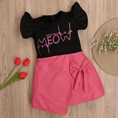 Image of ER Life Style Casual Cotton Blend Meow Printed Knee Length Ruffle Short Sleeves Dress for Girls