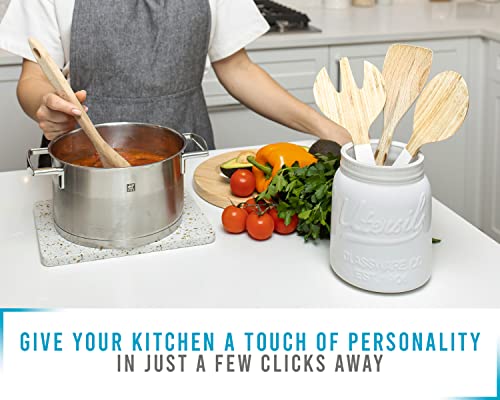 Comfify Wide Mouth Mason Jar Utensil Holder Decorative Kitchenware Organizer Crock, Chip Resistant Ceramic For Countertop - Perfect Cookware Gift - White, Large Size 5.4X6.75" #TOP1