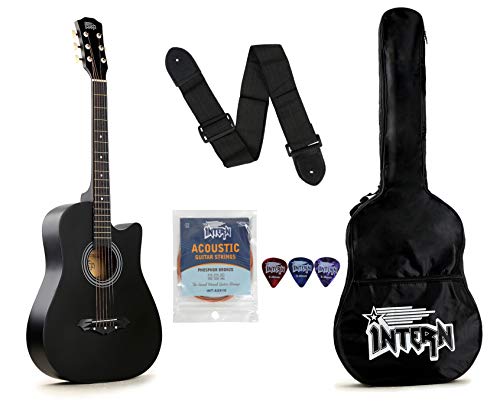 Image of Intern 38 Inch Acoustic Guitar for Beginners with Bag, Strap, Strings, Picks & Winder | Cutaway Design | Steel String Guitar for Kids & Adults (Black)