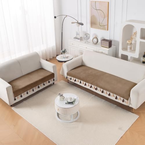 Image of HOKIPO Premium Holland Velvet Sofa Cover Mat with Tassel 5 Seater(3+2) | 'TasselTone Series' | Warm Taupe (IN-1108+1106-BRN)