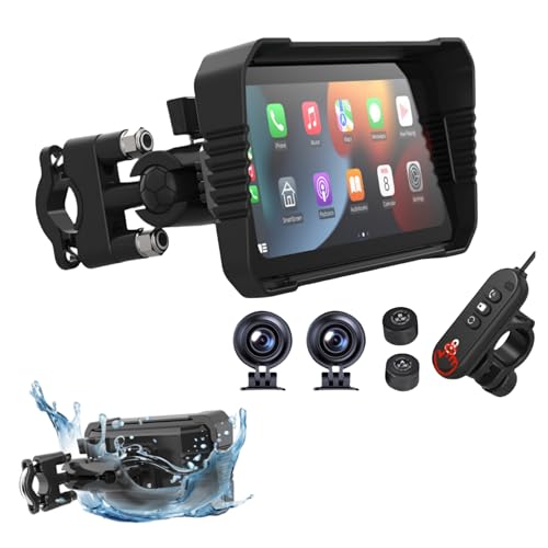 Waterproof Motorcycle GPS Navigation System with Portable Motorcycle Dash Cam Carplay & Dual Cameras, Wireless Bluetooth for Offroad/Adventure Riding, Compatible with iOS/Android