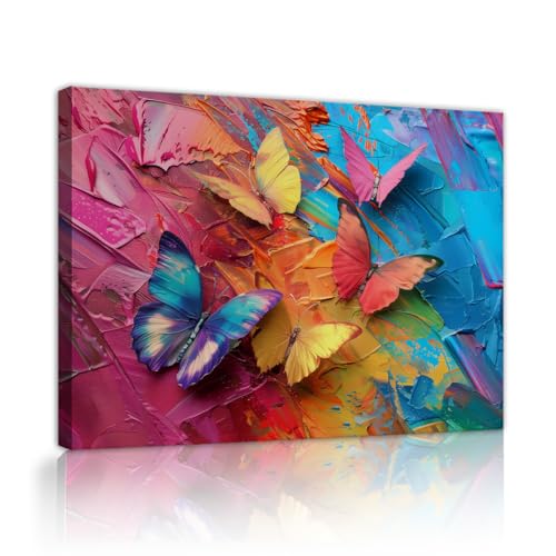OSHIONARTE Arte mural de lienzo mariposa Fantasy Girls Pintura de pared colorida en 3D mariposas Impresión al óleo para salón lista para colgar 35x45cm Marco interior
