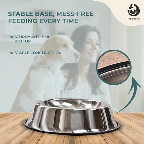 Image of Pet World Feeding Bowl 1450ml | Stainless Steel | for Dogs & Cats | Durable & Lightweight Feel | Scratch and Rust-Free | Non-Slip Ring at The Base | 1450ml (Pack of 1)