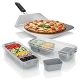 RoyalFay Pizza-Set – Pizzaschieber aus Edelstahl mit klappbarem Griff & Zutatenbehälter Napoli 2er Set mit 8 Einsätzen und 2 Deckeln