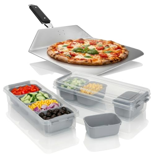 RoyalFay Pizza-Set – Pizzaschieber aus Edelstahl mit klappbarem Griff & Zutatenbehälter Napoli 2er Set mit 8 Einsätzen und 2 Deckeln