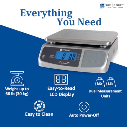 San Jamar Digital Food Scale, Battery Operated with 66 Pound Capacity for Cooking, Baking, Meal Prep, Diet Tracking, Stainless Steel, 6.82 Pounds, Silver