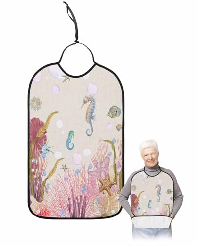 LEOKOTI Pink Coastal Adult Bibs for Eating, Waterproof Bibs with Food Catcher & Adjustable Snap Closure, Summer Beach Nautical Coral Seaside Rustic Washable Clothing Protectors Adult Bibs for Elderly