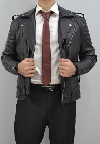 Image of Mens Lamb Leather Necktie - Skinny Solid Casual Business Wear Narrow Leather Slim Tie- Neckties for Party Wedding Gift