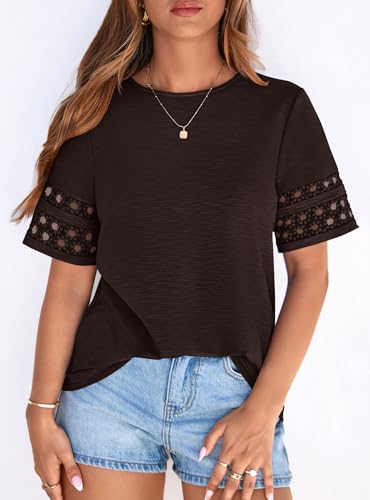 PRETTYGARDEN Summer Tops for Women 2026 Lace Short Sleeve T-Shirts Casual Blouses Spring Fashion Clothes Vacation Outfits (Dark Brown,XX-Large) — view 2