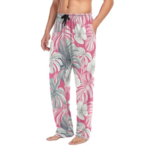 Mens Pajama Pants Tropical Palm Leaves Flowers Pink Soft Lounge Sleep Pj Bottoms with Drawstring Pockets4