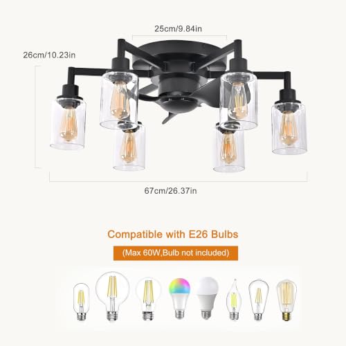 Image of Garwarm 26IN Ceiling Fans with Lights, Black Flush Mount Ceiling Fan with Lights Remote Control,Low Profile Bladeless Ceiling Fan Light Fixture for Bedroom, Kitchen, Dining Room