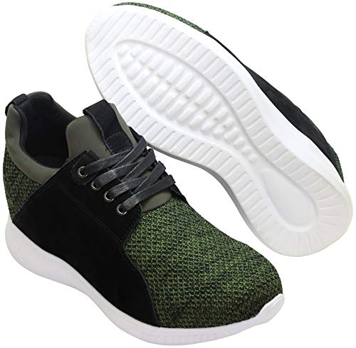 Image of CALTO Men's Invisible Height Increasing Elevator Shoes - Army Green Knitted Lace-up Super Lightweight Casual Trainer Sneakers - 3.2 Inches Taller - H71921 - Size 11 D(M) US