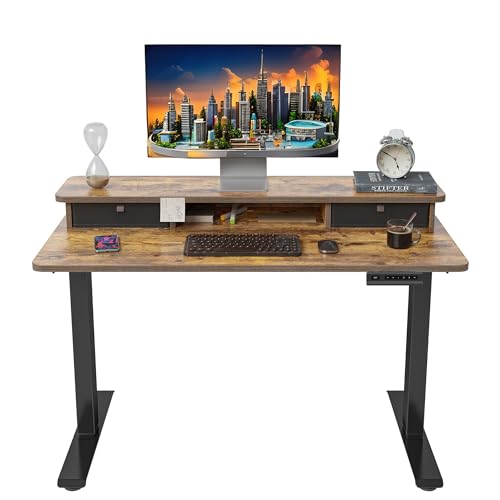 FEZIBO Electric Height Adjustable Standing Desk, 100x60cm, with Double Drawers and Storage Shelf, Rustic Brown