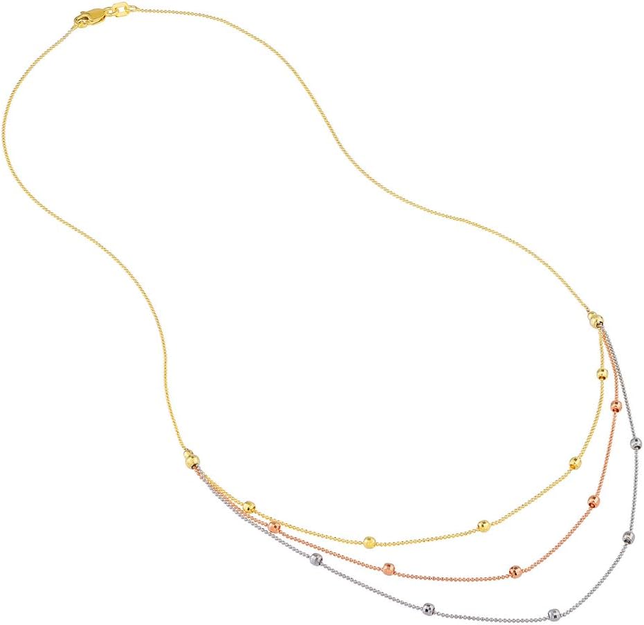JewelryWeb 14k Yellow White and Rose Gold Tricolor Bib Necklace With Sparkle-Cut Beads 17 Inch Pendant Necklace for Women