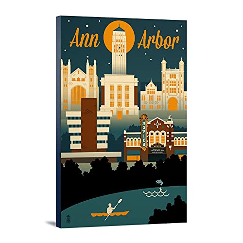 Ann Arbor, Michigan, Retro Skyline, (12x18 Wrapped Canvas, Wall Decor, Artwork)