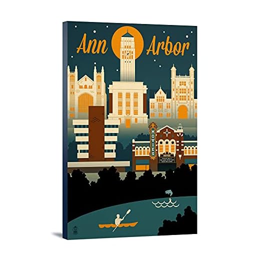 Ann Arbor, Michigan, Retro Skyline, (12x18 Wrapped Canvas, Wall Decor, Artwork)