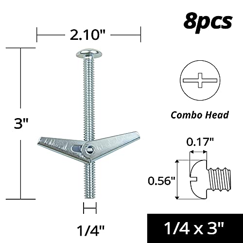 HASWARE Wing Spring Toggle Bolt Zinc Plated Steel and Wing Nut for Hanging Heavy Items on Drywall (1/4" x 3",8 Pcs) - Image 2