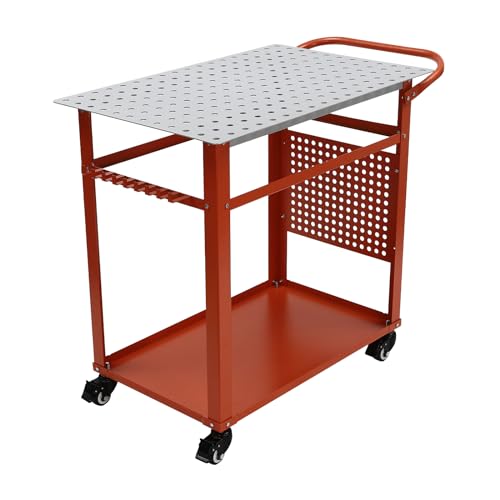 Banco de trabajo multifuncional móvil, mesa de soldadura de 600 libras, banco de trabajo de soldadura de acero sobre ruedas, con tablero de almacenamiento de doble capa, 36 x 24 x 36 pulgadas