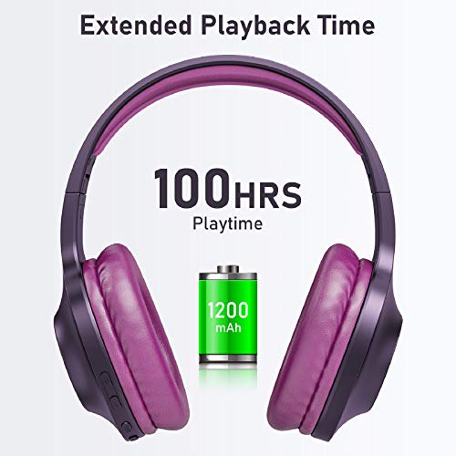 LETSCOM Bluetooth Headphones, 100 Hours Playtime Bluetooth 5.0 Headphones Over Ear with Deep Bass, Hi-Fi Sound and Soft Earpads, Built-in Mic, Wired/Wireless Headset for Home Office-Red Purple