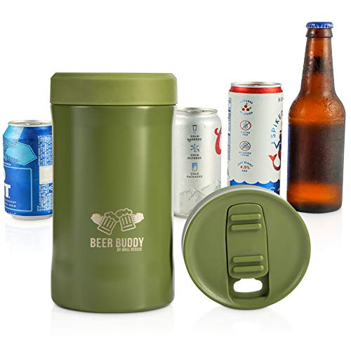 Beer Buddy​ Insulated Can Holder – Vacuum-Sealed Stainless Steel – Beer Bottle Insulator for Cold Beverages – Thermos Beer Cooler ​Suited for Any Size​ Drink - One Size Fits All (Matte Green)